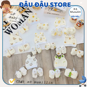 Set Mũ Bao Tay Bao Chân DÂY RÚT MUSLIN size 0- 3 tháng LP Cho Bé mềm mịn thoáng mát co giãn in họa tiết Đậu Đậu Store