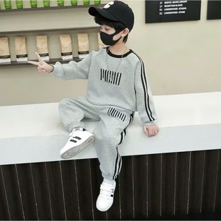 Bộ thu đông cho bé trai 17-45kg, bộ dài tay bé trai 4-14 tuổi màu xám in hình labubu , chất da cá dày dặn