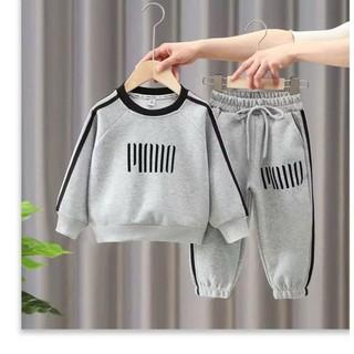 Bộ thu đông cho bé trai 17-45kg, bộ dài tay bé trai 4-14 tuổi màu xám in hình labubu , chất da cá dày dặn