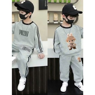 Bộ thu đông cho bé trai 17-45kg, bộ dài tay bé trai 4-14 tuổi màu xám in hình labubu , chất da cá dày dặn