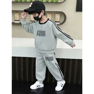 Bộ thu đông cho bé trai 17-45kg, bộ dài tay bé trai 4-14 tuổi màu xám in hình labubu , chất da cá dày dặn