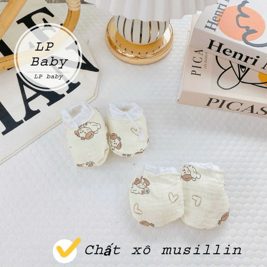 Bao Tay Bao Chân Muslin DÂY RÚT LP Cho Bé sơ sinh mềm mịn thoáng mát co giãn in họa tiết Đậu Đậu Store