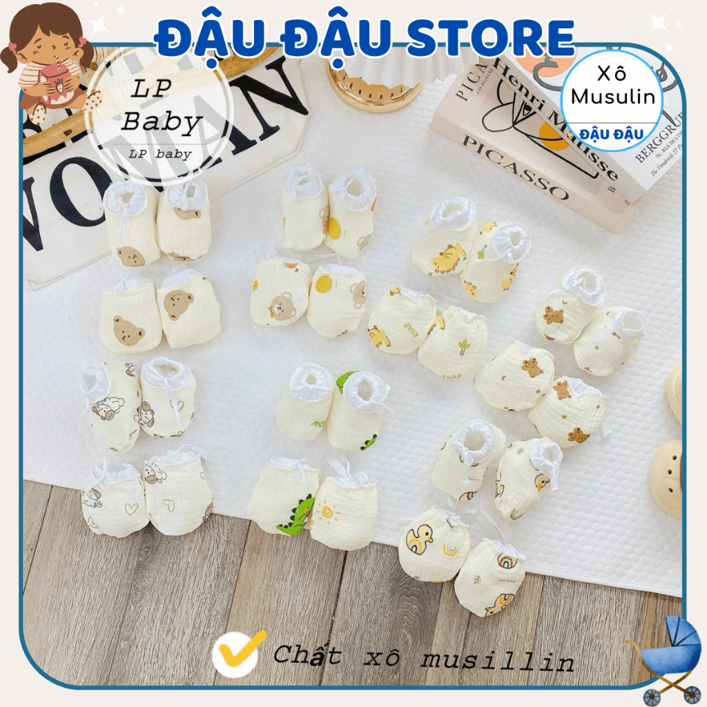 Bao Tay Bao Chân Muslin DÂY RÚT LP Cho Bé sơ sinh mềm mịn thoáng mát co giãn in họa tiết Đậu Đậu Store