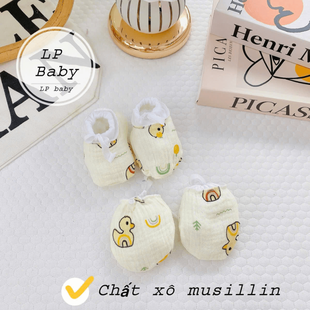 Bao Tay Bao Chân Muslin DÂY RÚT LP Cho Bé sơ sinh mềm mịn thoáng mát co giãn in họa tiết Đậu Đậu Store