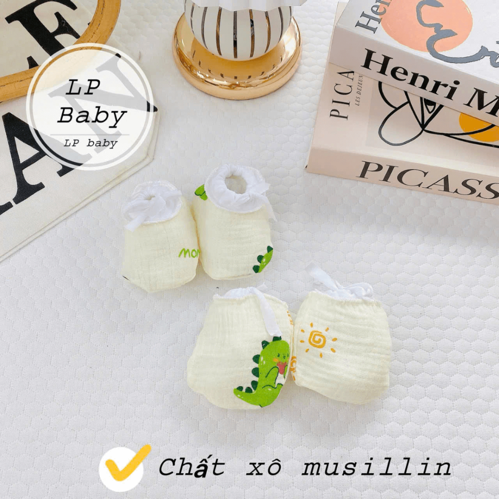 Bao Tay Bao Chân Muslin DÂY RÚT LP Cho Bé sơ sinh mềm mịn thoáng mát co giãn in họa tiết Đậu Đậu Store