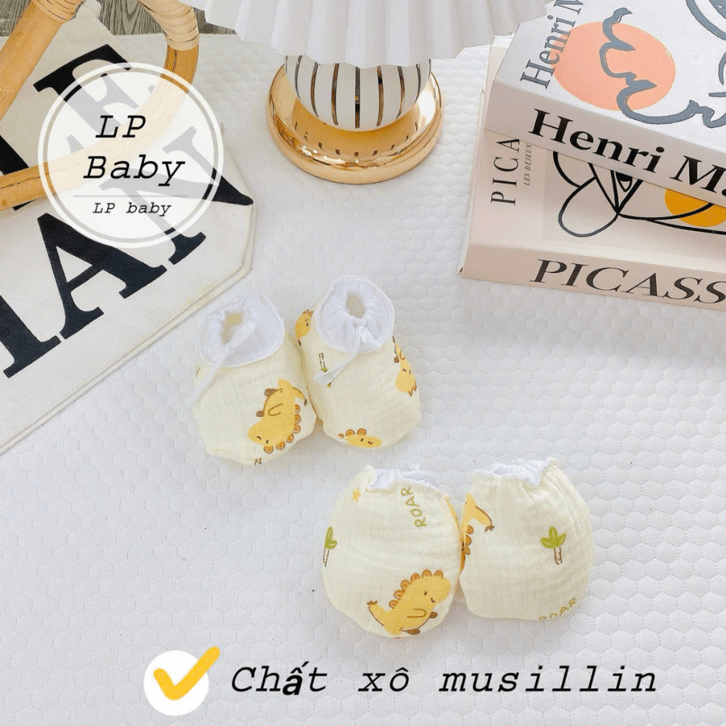 Bao Tay Bao Chân Muslin DÂY RÚT LP Cho Bé sơ sinh mềm mịn thoáng mát co giãn in họa tiết Đậu Đậu Store