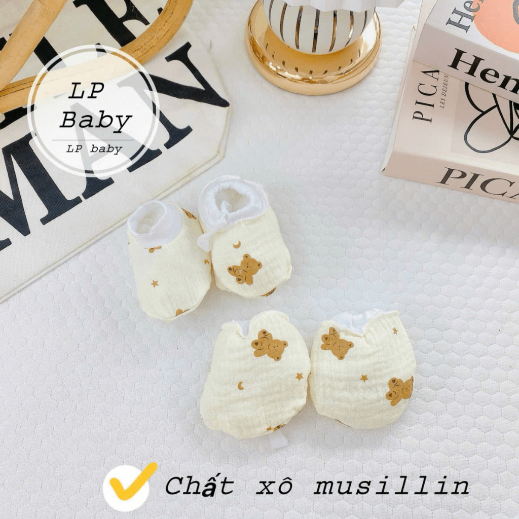 Bao Tay Bao Chân Muslin DÂY RÚT LP Cho Bé sơ sinh mềm mịn thoáng mát co giãn in họa tiết Đậu Đậu Store