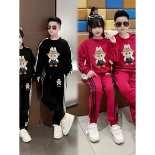 Bộ thu đông cho bé trai bé gái 17-45kg, bộ dài tay cho bé 4-14 tuổi in hình labubu rót viền, chất vải dày dặn.