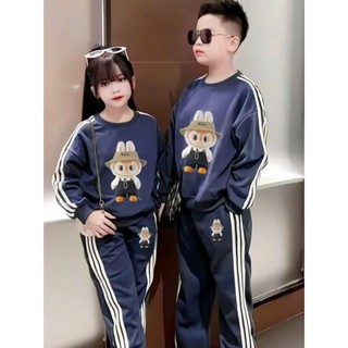 Bộ thu đông cho bé trai bé gái 17-45kg, bộ dài tay cho bé 4-14 tuổi in hình labubu rót viền, chất vải dày dặn.
