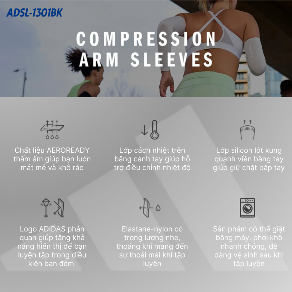 Băng Bảo Vệ Cánh Tay ADIDAS ADSL-1301BK Aeroready Compression Arm Sleeve (1 Cặp) - Hàng Chính Hãng