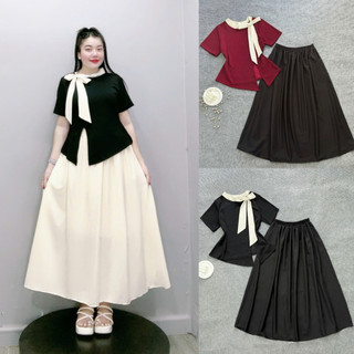 Set tiểu thư bigsize nữ áo tay ngắn cổ thắt nơ cách điệu phối cùng chân váy maxi lụa phong cách thanh lịch SET848