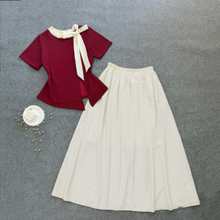 Set tiểu thư bigsize nữ áo tay ngắn cổ thắt nơ cách điệu phối cùng chân váy maxi lụa phong cách thanh lịch SET848