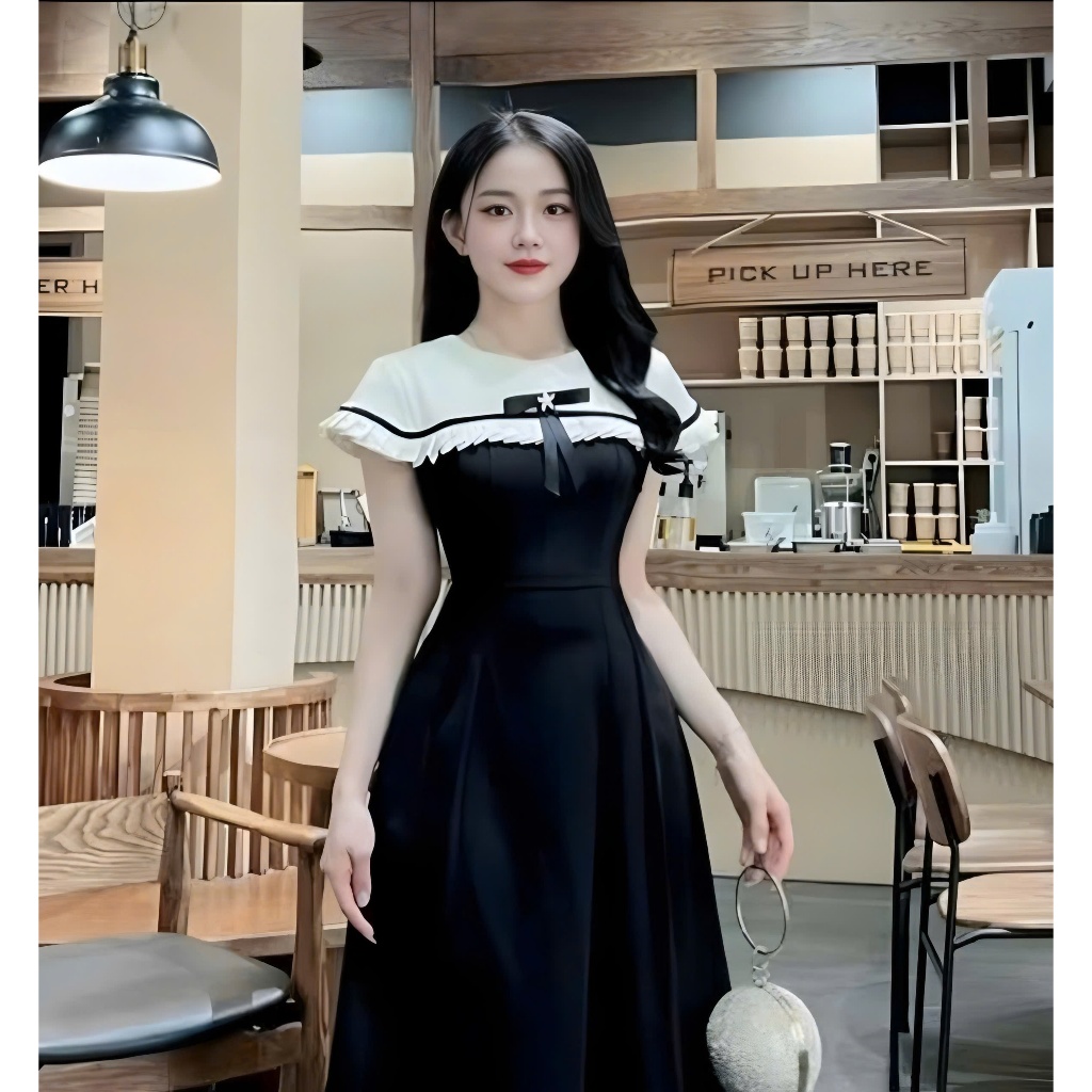 Váy Nữ Tiểu Thư Phối Cổ Cách Điệu Đính Charm Nơ Midi Dáng Dài Sang Chảnh Dự Tiệc