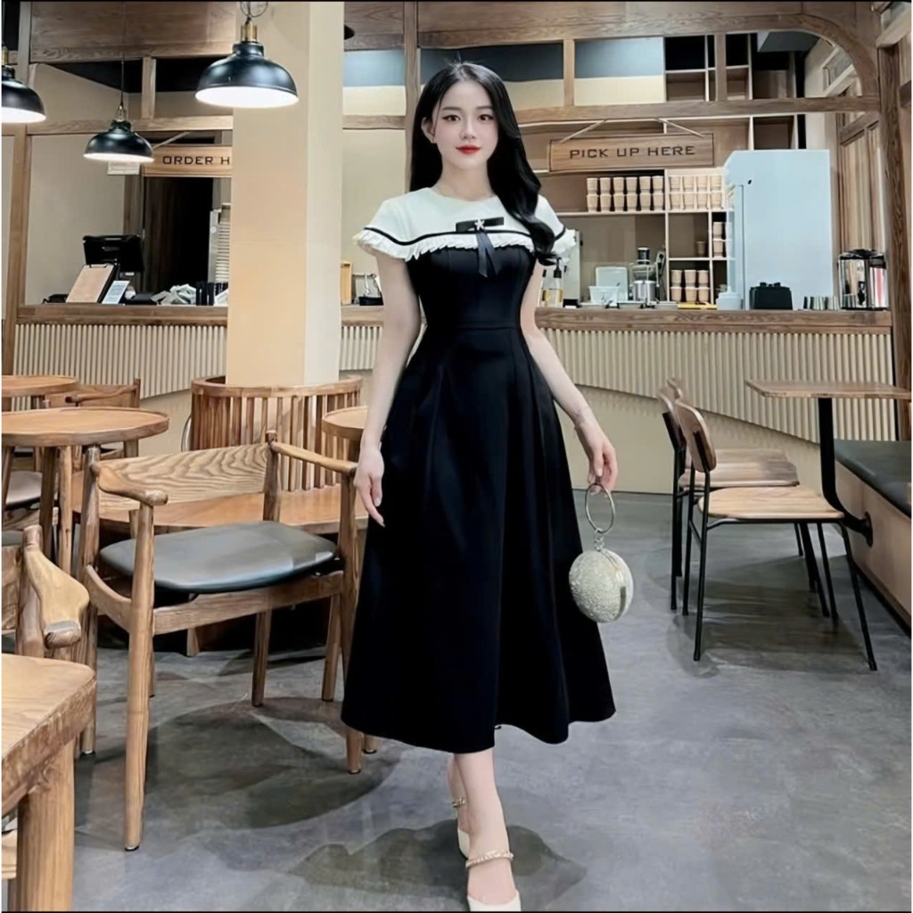 Váy Nữ Tiểu Thư Phối Cổ Cách Điệu Đính Charm Nơ Midi Dáng Dài Sang Chảnh Dự Tiệc