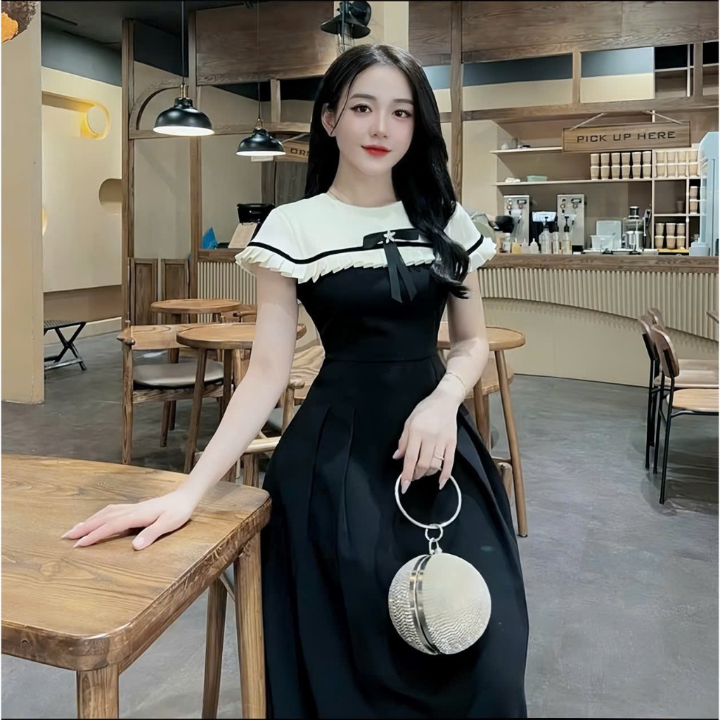 Váy Nữ Tiểu Thư Phối Cổ Cách Điệu Đính Charm Nơ Midi Dáng Dài Sang Chảnh Dự Tiệc