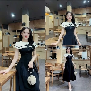 Váy Nữ Tiểu Thư Phối Cổ Cách Điệu Đính Charm Nơ Midi Dáng Dài Sang Chảnh Dự Tiệc