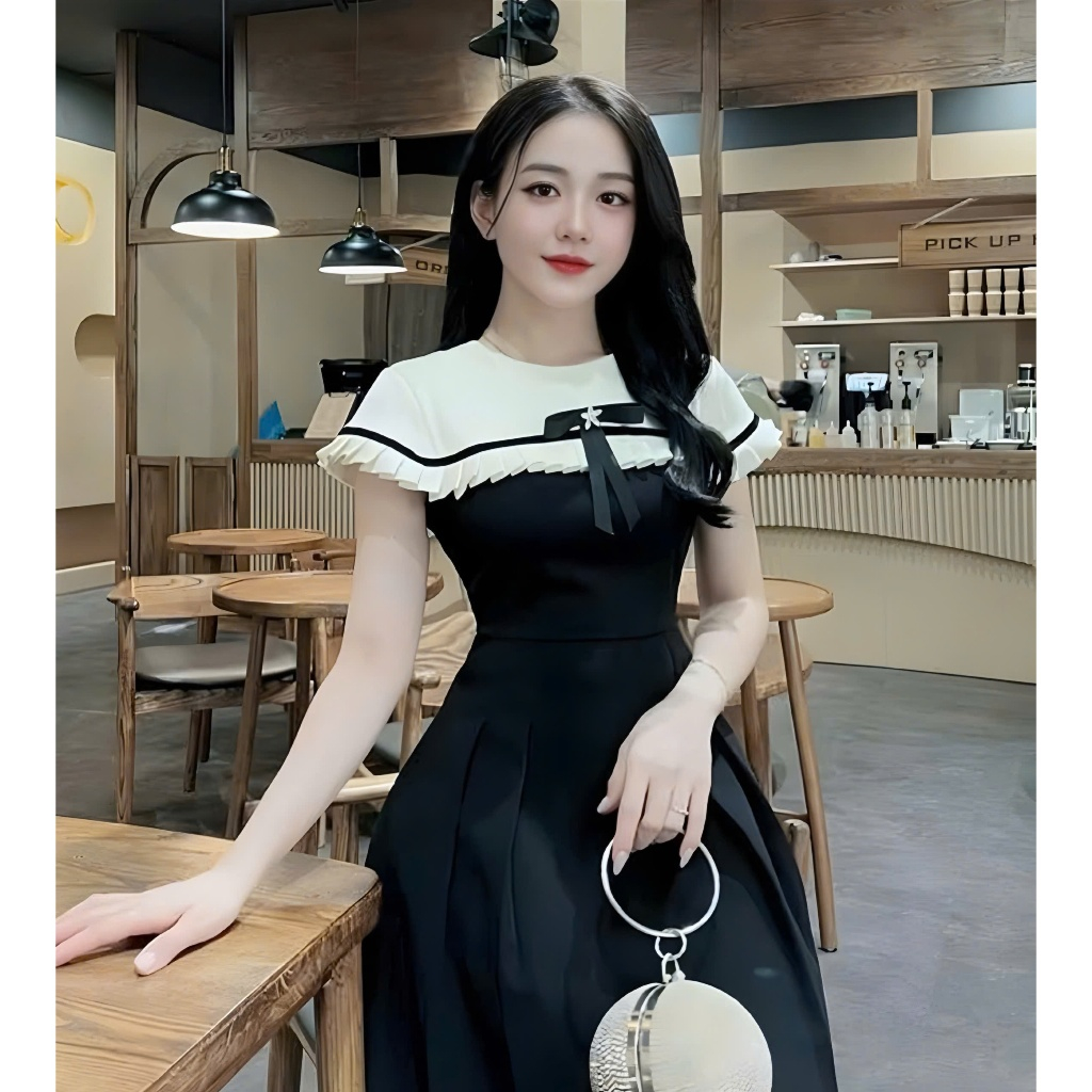Váy Nữ Tiểu Thư Phối Cổ Cách Điệu Đính Charm Nơ Midi Dáng Dài Sang Chảnh Dự Tiệc