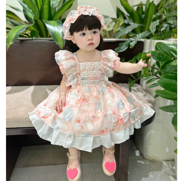 Váy Lolita Hồng Lụa 6D Cho Bé Gái 5-14 Kg,Váy Đầy Tháng Sinh Nhật Cho Bé Chất Lụa Mềm Mịn