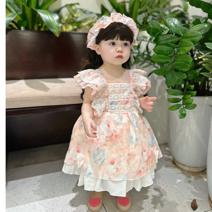 Váy Lolita Hồng Lụa 6D Cho Bé Gái 5-14 Kg,Váy Đầy Tháng Sinh Nhật Cho Bé Chất Lụa Mềm Mịn