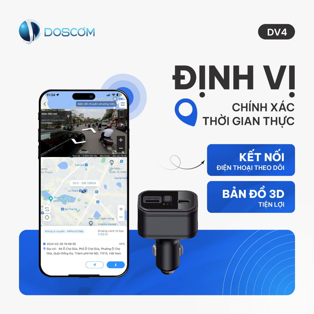 (Hỏa tốc - HN) Thiết Bị Định Vị Ô Tô Dạng Tẩu Thuốc Doscom DV4 - Tích Hợp Định Vị GPS Theo Thời Gian Thực