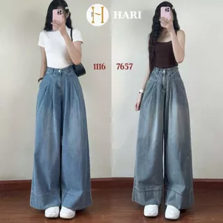 Quần jean ống rộng xuông Hari ly trước ống rộng to dáng dài mềm xịn xò