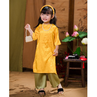 Áo dài cách tân cho bé gái trơn đính nơ chất lụa gấm nổi cao cấp(10-43 kg) DA01 - BIATONKIDS