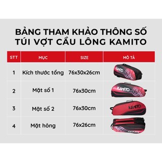 Túi cầu lông ngang Kamito, Chất liệu100% Poly dù (Hạn chế thấm nước)