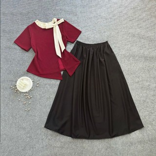 Set Đồ Tiểu Thư Bigsize Nữ, Bộ Váy Đi Tiệc Áo Tay Ngắn Cổ Phối Nơ Kèm Chân Váy Sanh Chảnh SET848