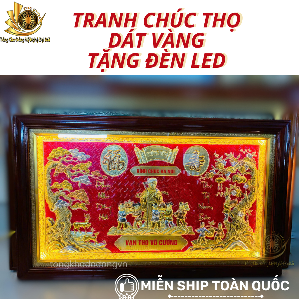 Tranh Mừng Thọ Bằng Đồng 100*60cm Có Ảnh Bố Mẹ Ông Bà Khung Gỗ Đèn Led Miễn Ship