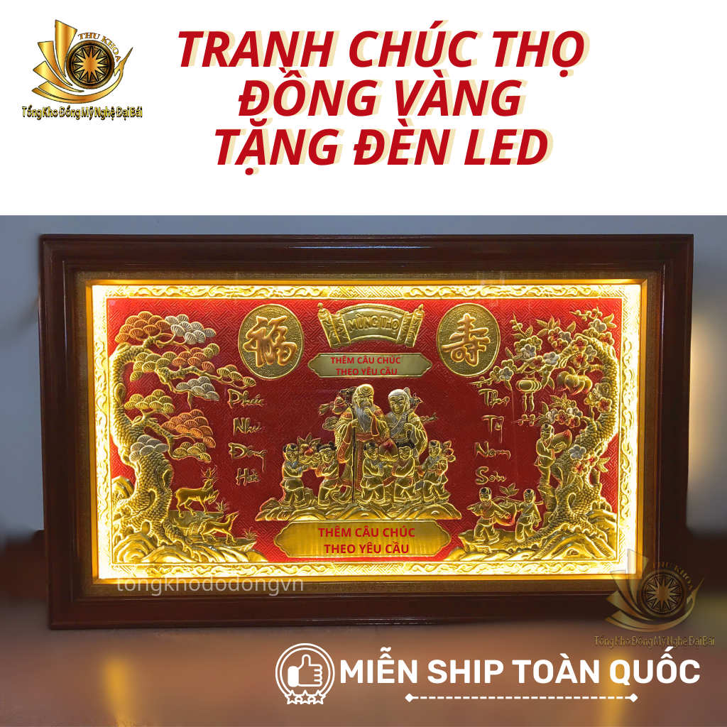 Tranh Mừng Thọ Bằng Đồng 100*60cm Có Ảnh Bố Mẹ Ông Bà Khung Gỗ Đèn Led Miễn Ship