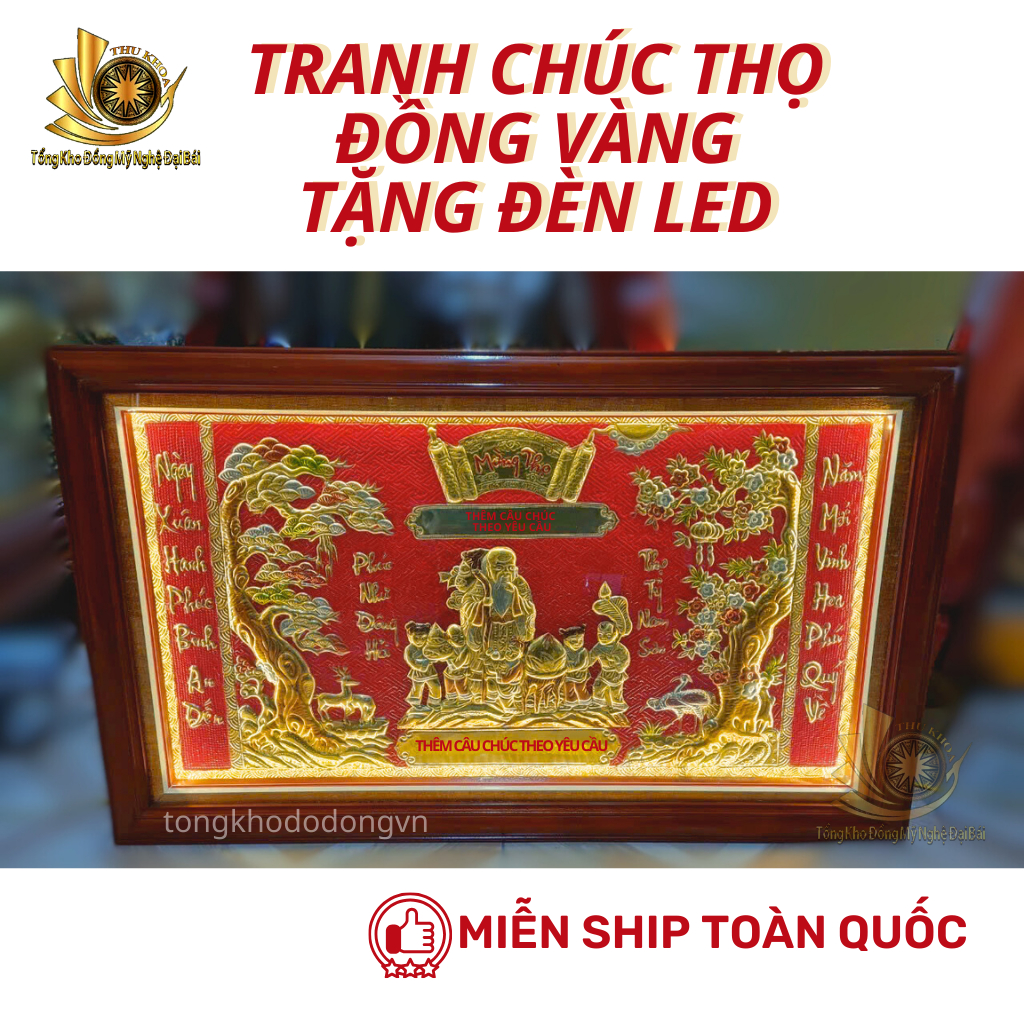 Tranh Mừng Thọ Bằng Đồng 100*60cm Có Ảnh Bố Mẹ Ông Bà Khung Gỗ Đèn Led Miễn Ship