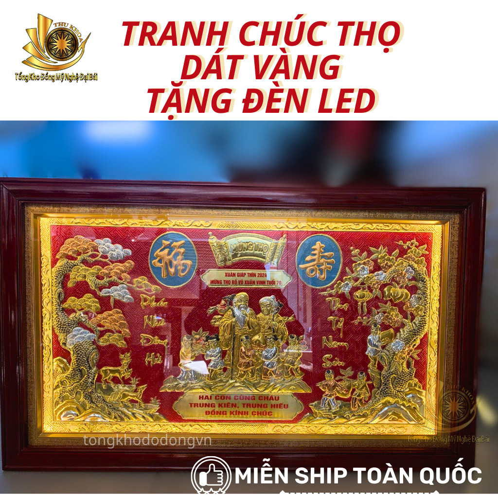 Tranh Mừng Thọ Bằng Đồng 100*60cm Có Ảnh Bố Mẹ Ông Bà Khung Gỗ Đèn Led Miễn Ship