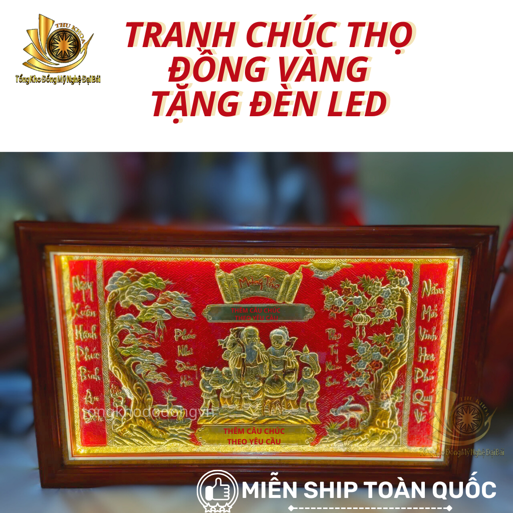 Tranh Mừng Thọ Bằng Đồng 100*60cm Có Ảnh Bố Mẹ Ông Bà Khung Gỗ Đèn Led Miễn Ship