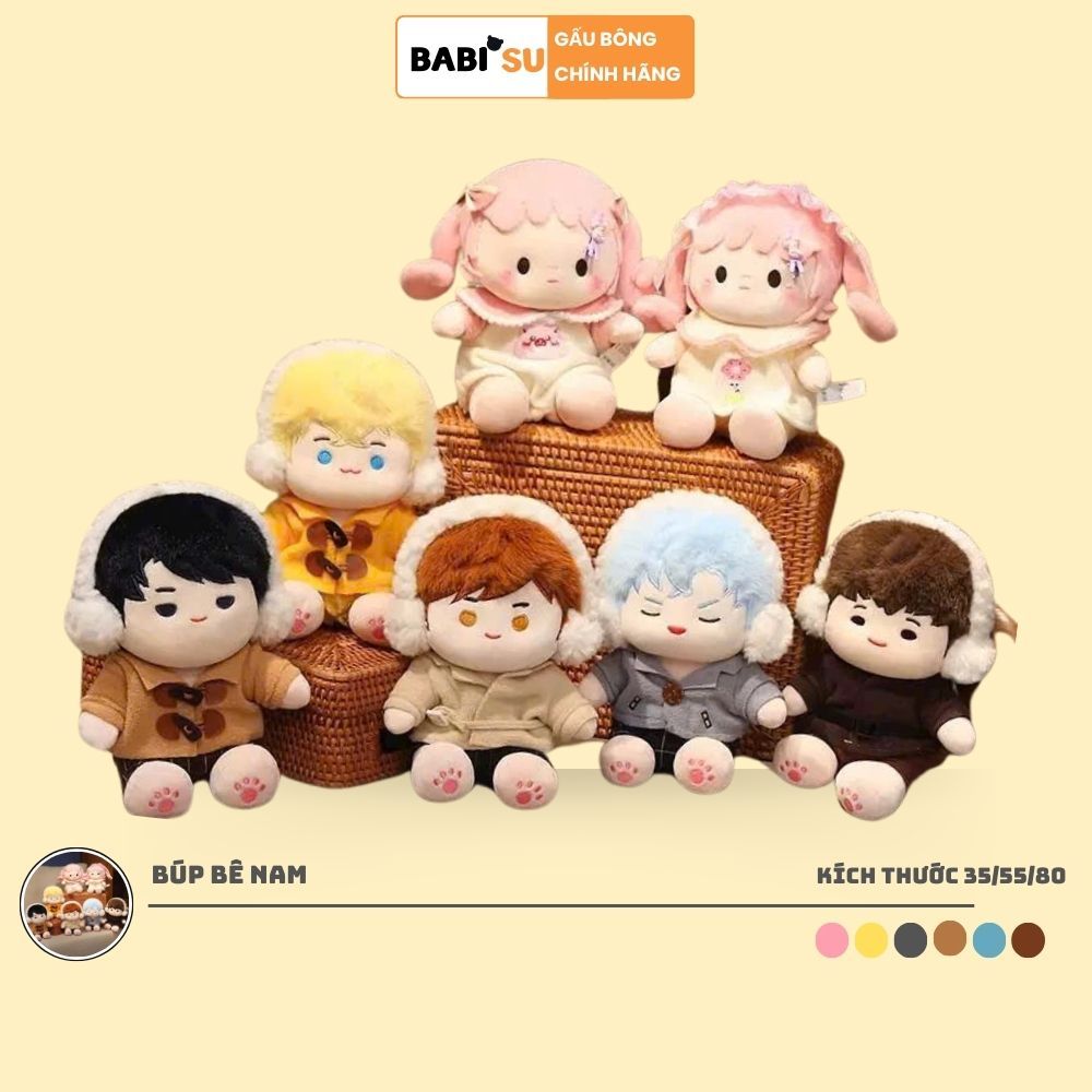 Búp bê gấu bông nam đeo tai nghe nhồi bông búp bê nam nữ tóc dài nhiều màu sắc trang phục có thể tháo rời