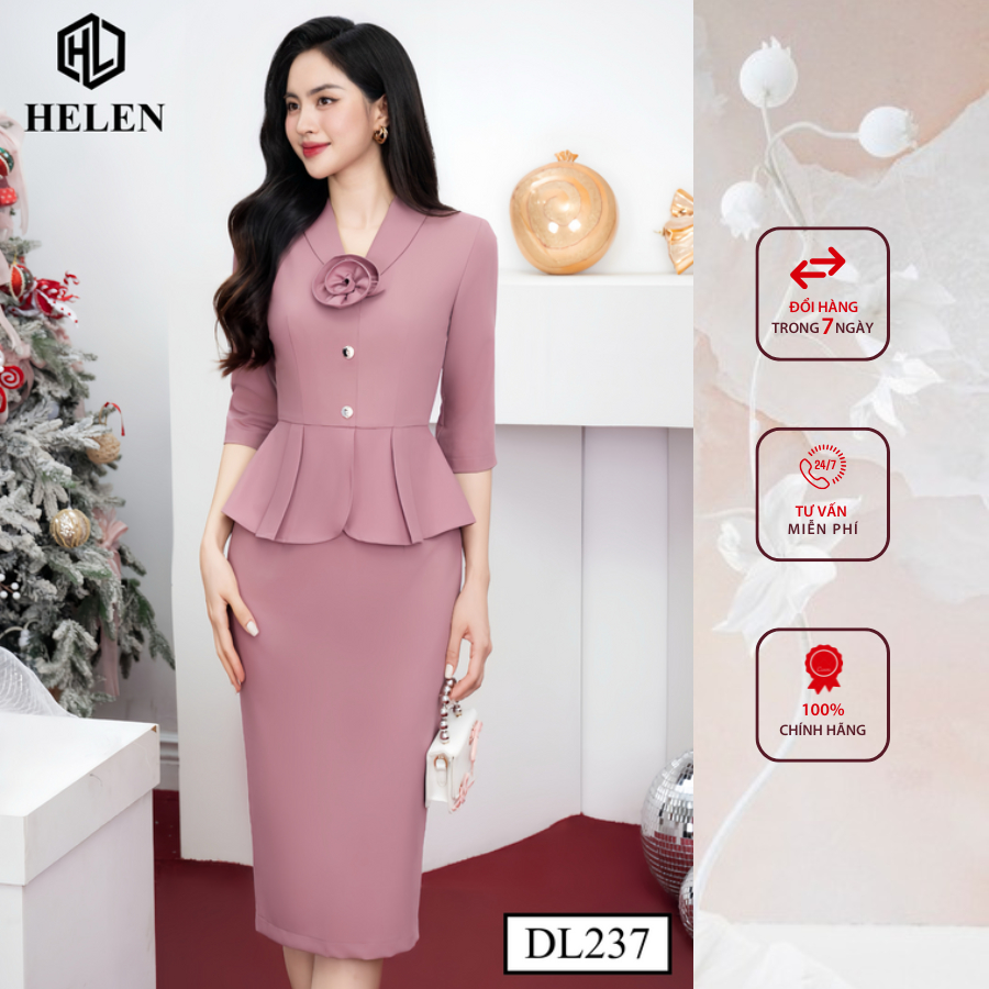 Đầm công sở HELEN thiết kế dáng ôm peplum hồng đỗ cổ vest đính hoa ngực DL237