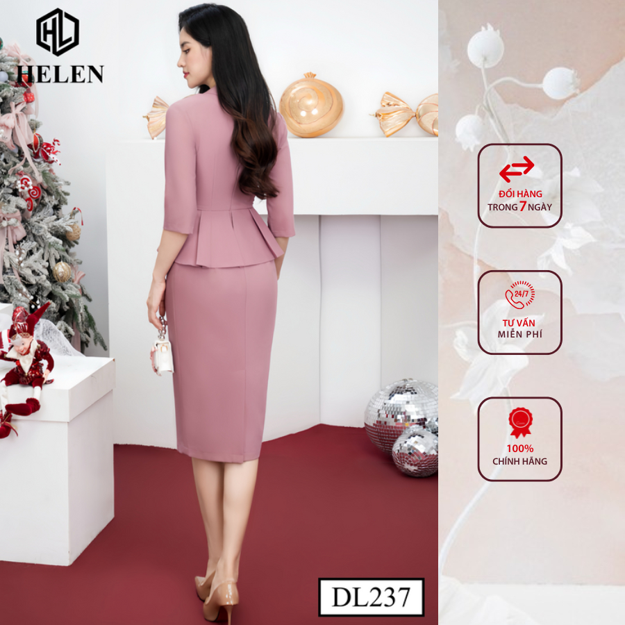Đầm công sở HELEN thiết kế dáng ôm peplum hồng đỗ cổ vest đính hoa ngực DL237