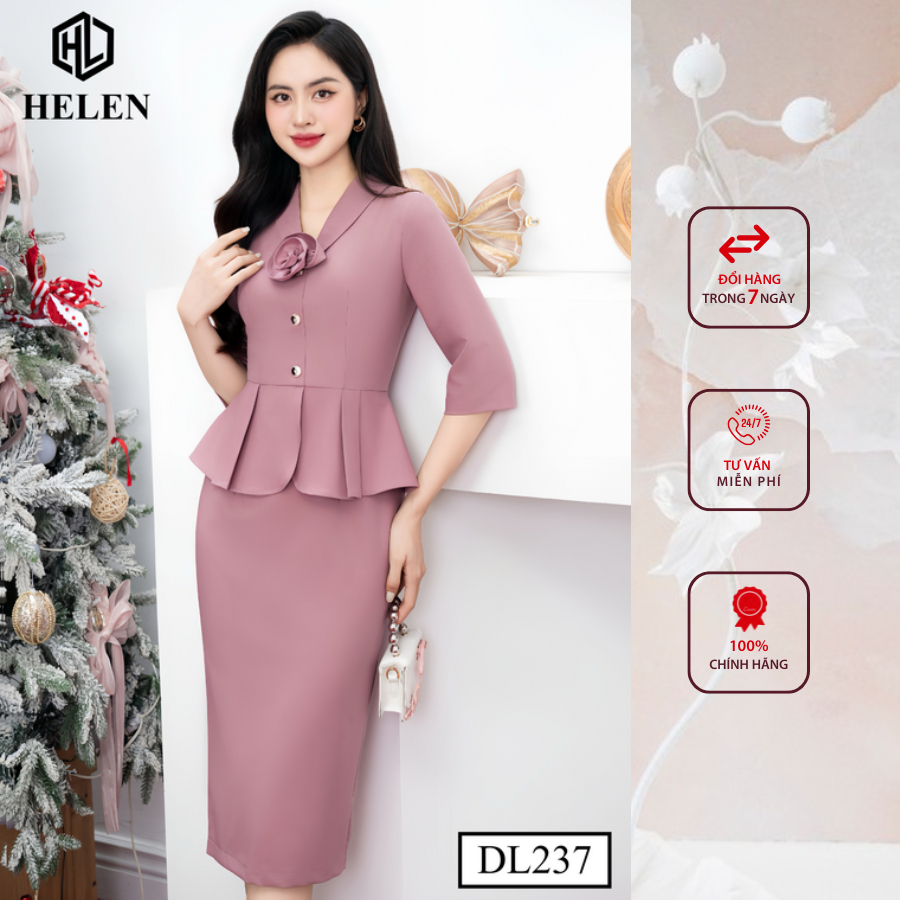Đầm công sở HELEN thiết kế dáng ôm peplum hồng đỗ cổ vest đính hoa ngực DL237