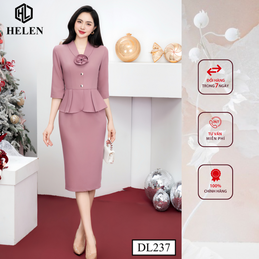 Đầm công sở HELEN thiết kế dáng ôm peplum hồng đỗ cổ vest đính hoa ngực DL237