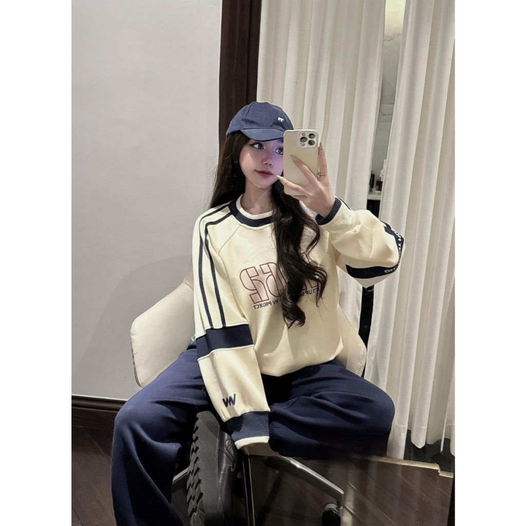đồ bộ nữ , set đồ nữ mùa đông áo kem viền đen cổ tròn phong cách trẻ trung hiện đại Donna Hcom3714