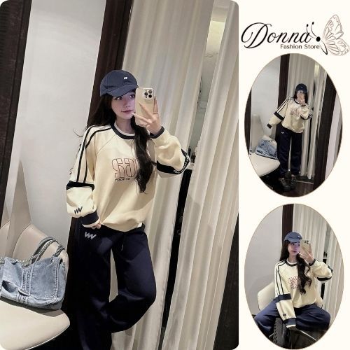 đồ bộ nữ , set đồ nữ mùa đông áo kem viền đen cổ tròn phong cách trẻ trung hiện đại Donna Hcom3714