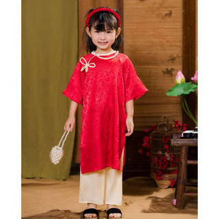 Set áo dài bé gái màu hồng chất lụa gấm cao cấp vân nổi màu đỏ chơi tết, lễ hội size đại 43kg DA02 - BIATONKIDS