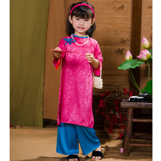 Set áo dài bé gái màu hồng chất lụa gấm cao cấp vân nổi màu đỏ chơi tết, lễ hội size đại 43kg DA02 - BIATONKIDS