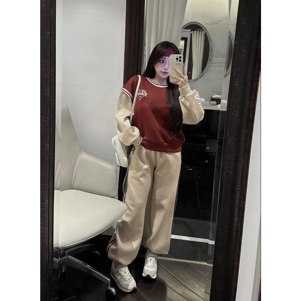 đồ bộ nữ ,set đồ nữ chất nỉ áo dài màu đỏ phối kem chất vải cao cấp in chữ xinh xắn Donna Hcom 3715