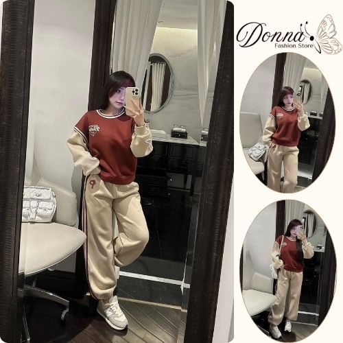 đồ bộ nữ ,set đồ nữ chất nỉ áo dài màu đỏ phối kem chất vải cao cấp in chữ xinh xắn Donna Hcom 3715