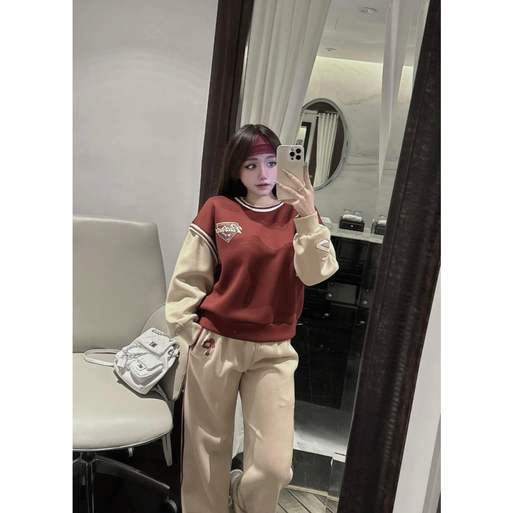 đồ bộ nữ ,set đồ nữ chất nỉ áo dài màu đỏ phối kem chất vải cao cấp in chữ xinh xắn Donna Hcom 3715