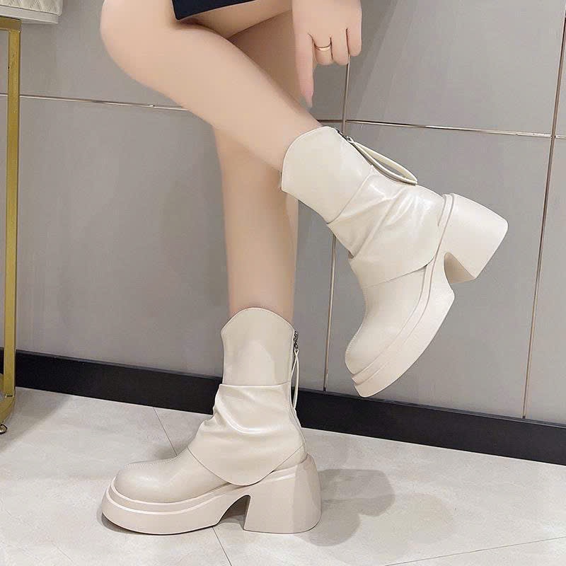 Giày Bốt Nữ Đế Cao, Boost Nữ Da Trơn Cổ Cao Khóa Kéo Thời Trang Đế Độn Năng Động B13 - NT Shoes