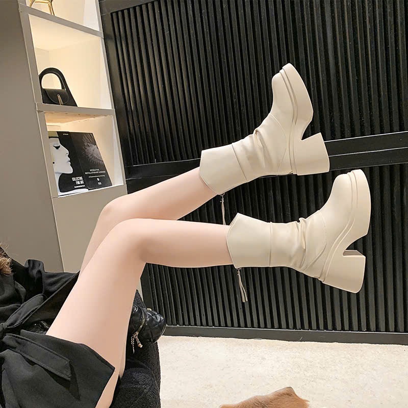 Giày Bốt Nữ Đế Cao, Boost Nữ Da Trơn Cổ Cao Khóa Kéo Thời Trang Đế Độn Năng Động B13 - NT Shoes