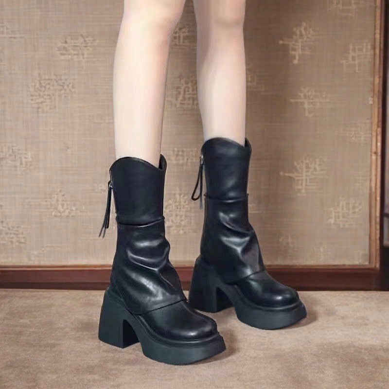 Giày Bốt Nữ Đế Cao, Boost Nữ Da Trơn Cổ Cao Khóa Kéo Thời Trang Đế Độn Năng Động B13 - NT Shoes