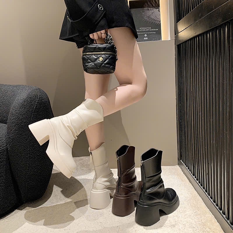 Giày Bốt Nữ Đế Cao, Boost Nữ Da Trơn Cổ Cao Khóa Kéo Thời Trang Đế Độn Năng Động B13 - NT Shoes