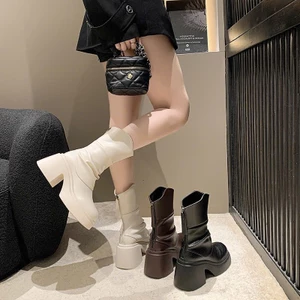 Giày Bốt Nữ Đế Cao, Boost Nữ Da Trơn Cổ Cao Khóa Kéo Thời Trang Đế Độn Năng Động B13 - NT Shoes